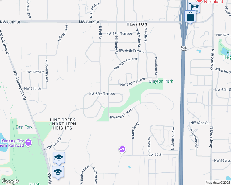 map of restaurants, bars, coffee shops, grocery stores, and more near 1500 NW 63rd Terrace in Kansas City