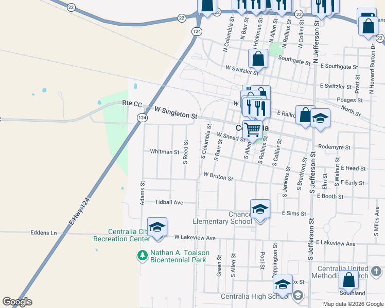map of restaurants, bars, coffee shops, grocery stores, and more near 136 Reed Street in Centralia
