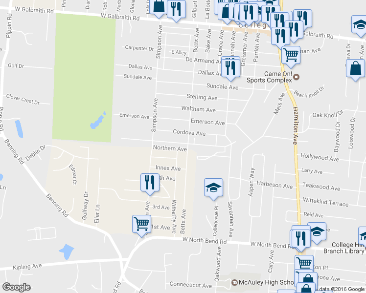 map of restaurants, bars, coffee shops, grocery stores, and more near 1903 Catalpa Avenue in Cincinnati