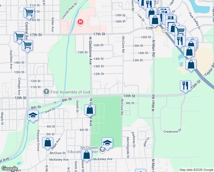 map of restaurants, bars, coffee shops, grocery stores, and more near 1111 Kevin Drive in Columbus