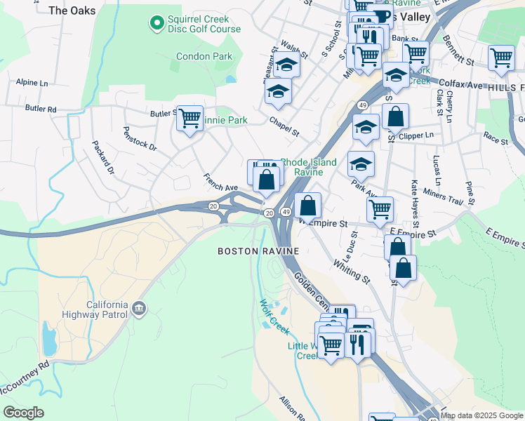 map of restaurants, bars, coffee shops, grocery stores, and more near State Highway 20 in Grass Valley