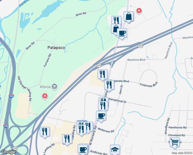 map of restaurants, bars, coffee shops, grocery stores, and more near 1504 West Nursery Road in Linthicum Heights