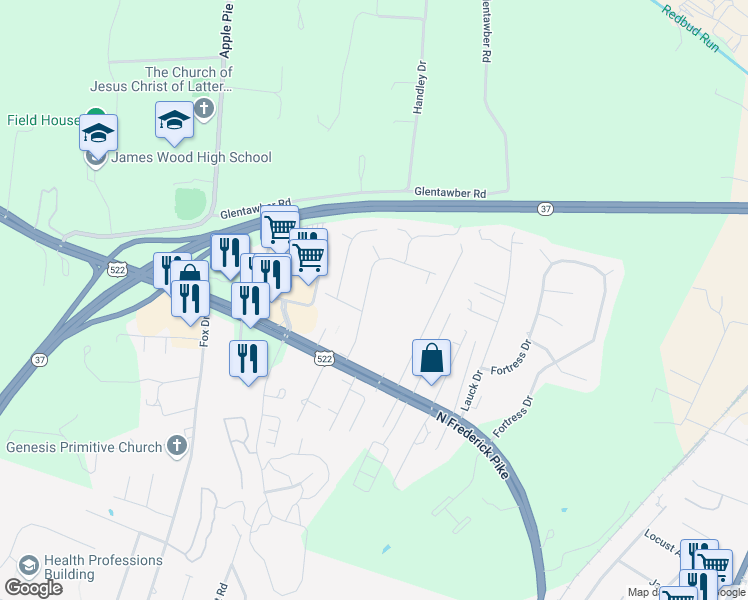 map of restaurants, bars, coffee shops, grocery stores, and more near 1308 Darlington Drive in Winchester