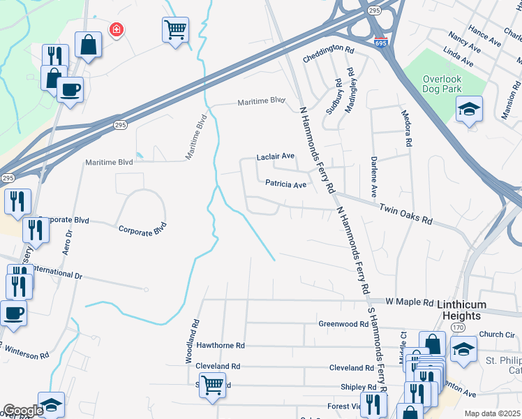 map of restaurants, bars, coffee shops, grocery stores, and more near 383 Centerhill Avenue in Linthicum Heights