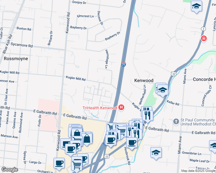 map of restaurants, bars, coffee shops, grocery stores, and more near 5980 Kugler Mill Road in Cincinnati