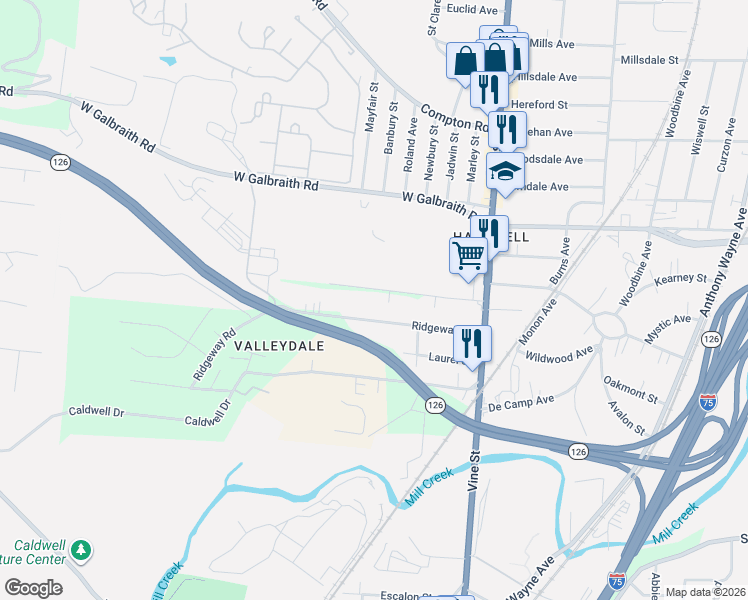 map of restaurants, bars, coffee shops, grocery stores, and more near 87 Shadybrook Drive in Cincinnati