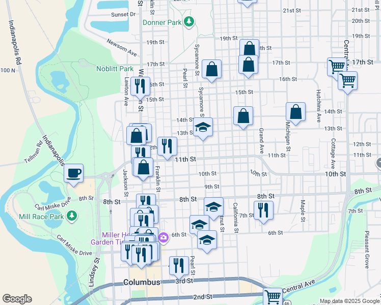 map of restaurants, bars, coffee shops, grocery stores, and more near 1121 Pearl Street in Columbus