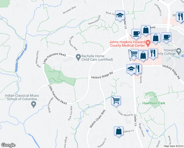 map of restaurants, bars, coffee shops, grocery stores, and more near 11379 Little Patuxent Parkway in Columbia