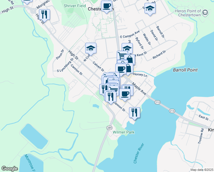 map of restaurants, bars, coffee shops, grocery stores, and more near 343 High Street in Chestertown