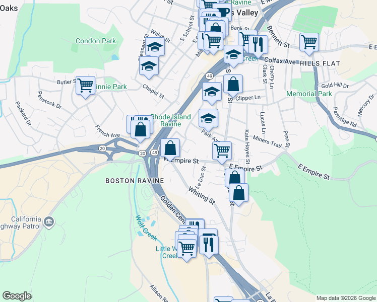 map of restaurants, bars, coffee shops, grocery stores, and more near 423 Marshall Street in Grass Valley
