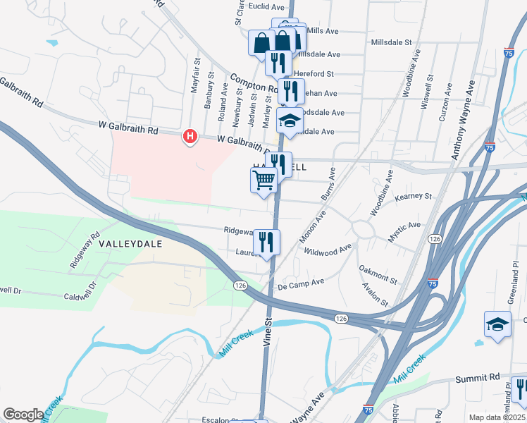 map of restaurants, bars, coffee shops, grocery stores, and more near 13 Shadybrook Drive in Cincinnati