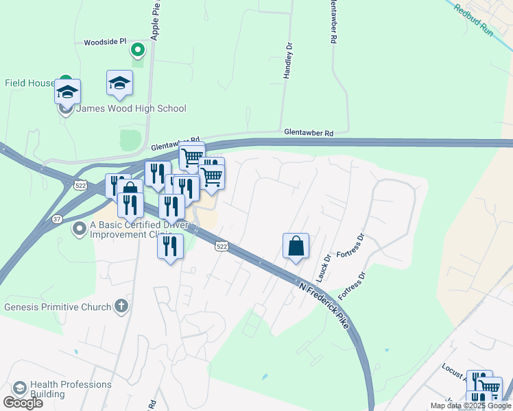 map of restaurants, bars, coffee shops, grocery stores, and more near 1308 Darlington Drive in Winchester