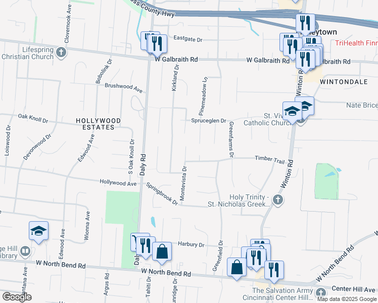 map of restaurants, bars, coffee shops, grocery stores, and more near 6600 Montevista Drive in Cincinnati