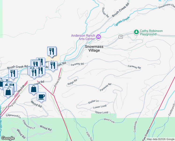map of restaurants, bars, coffee shops, grocery stores, and more near 439 Maple Ridge Lane in Snowmass Village