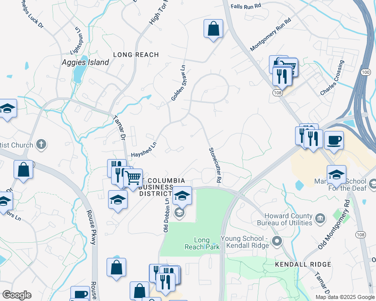 map of restaurants, bars, coffee shops, grocery stores, and more near 8729 Hayshed Lane in Columbia