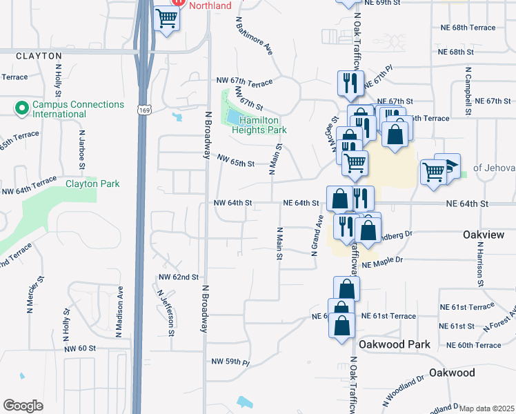 map of restaurants, bars, coffee shops, grocery stores, and more near 105 Northwest 64th Street in Gladstone