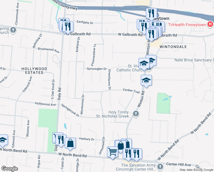 map of restaurants, bars, coffee shops, grocery stores, and more near 7403 Greenfarms Drive in Cincinnati