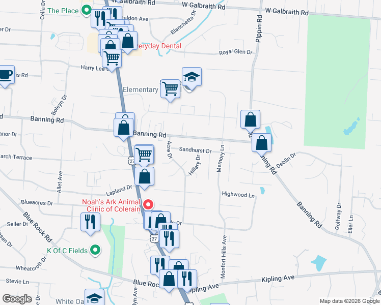 map of restaurants, bars, coffee shops, grocery stores, and more near 2725 Sandhurst Drive in Cincinnati