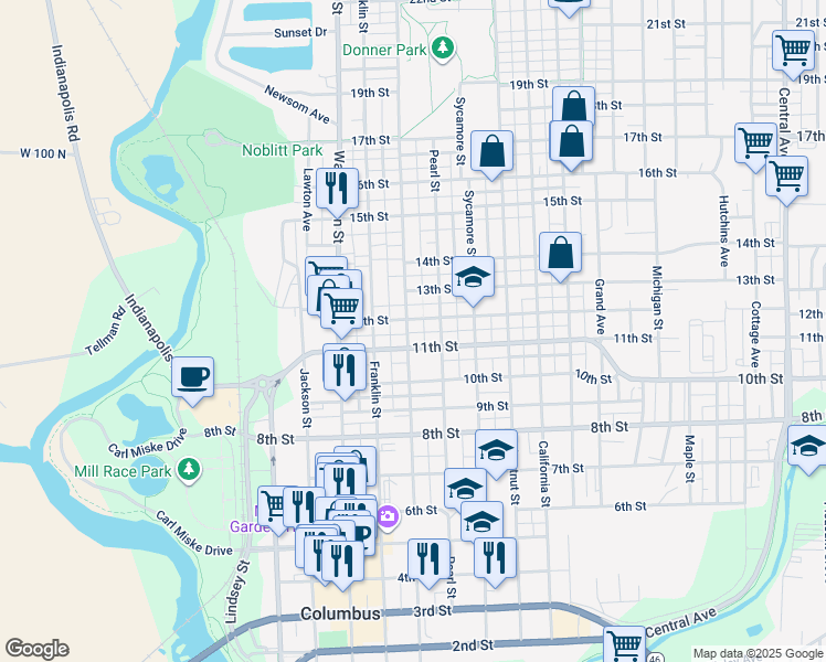 map of restaurants, bars, coffee shops, grocery stores, and more near 1117 Lafayette Avenue in Columbus