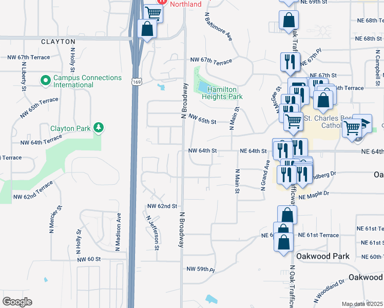 map of restaurants, bars, coffee shops, grocery stores, and more near 306 Northwest 63 Terrace in Gladstone