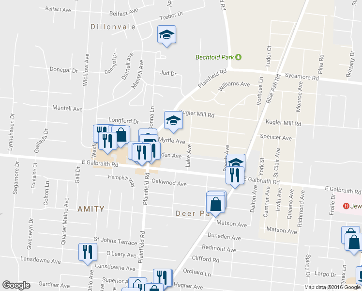 map of restaurants, bars, coffee shops, grocery stores, and more near 4135 Myrtle Avenue in Cincinnati
