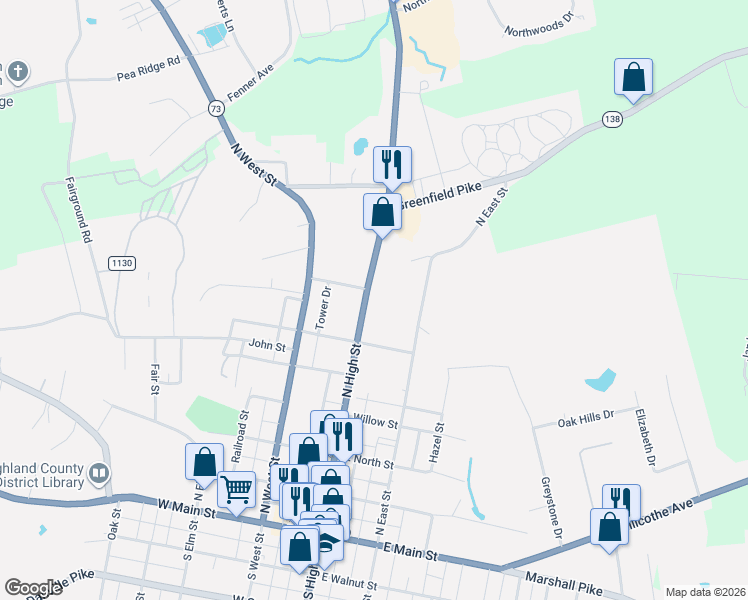 map of restaurants, bars, coffee shops, grocery stores, and more near 652 North High Street in Hillsboro