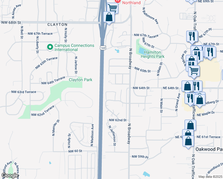 map of restaurants, bars, coffee shops, grocery stores, and more near 512 Northwest 63rd Street in Kansas City