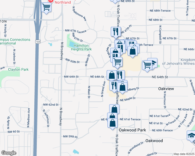 map of restaurants, bars, coffee shops, grocery stores, and more near 101 Northeast 64th Street in Kansas City