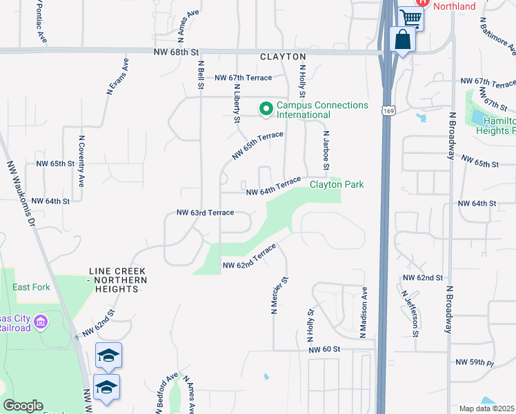 map of restaurants, bars, coffee shops, grocery stores, and more near 1302 Northwest 63rd Terrace in Kansas City