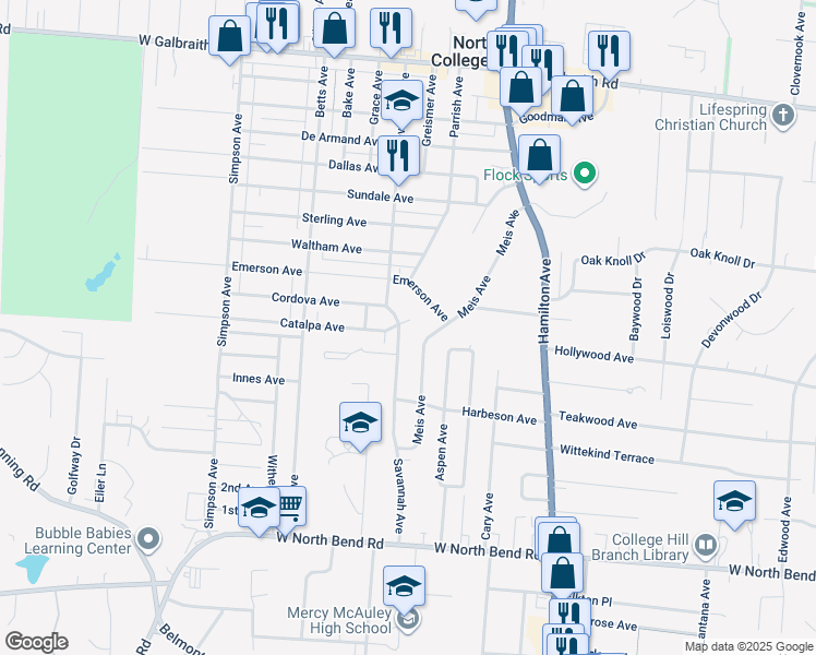 map of restaurants, bars, coffee shops, grocery stores, and more near 6412 Catalpa Avenue in Cincinnati