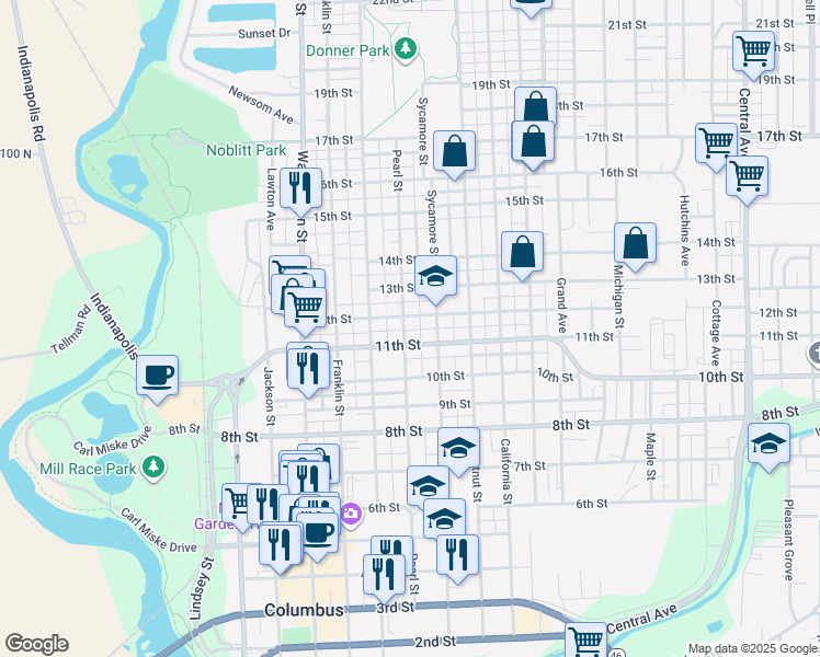 map of restaurants, bars, coffee shops, grocery stores, and more near 1121 Pearl Street in Columbus