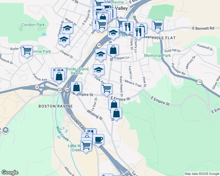 map of restaurants, bars, coffee shops, grocery stores, and more near 503 South Auburn Street in Grass Valley