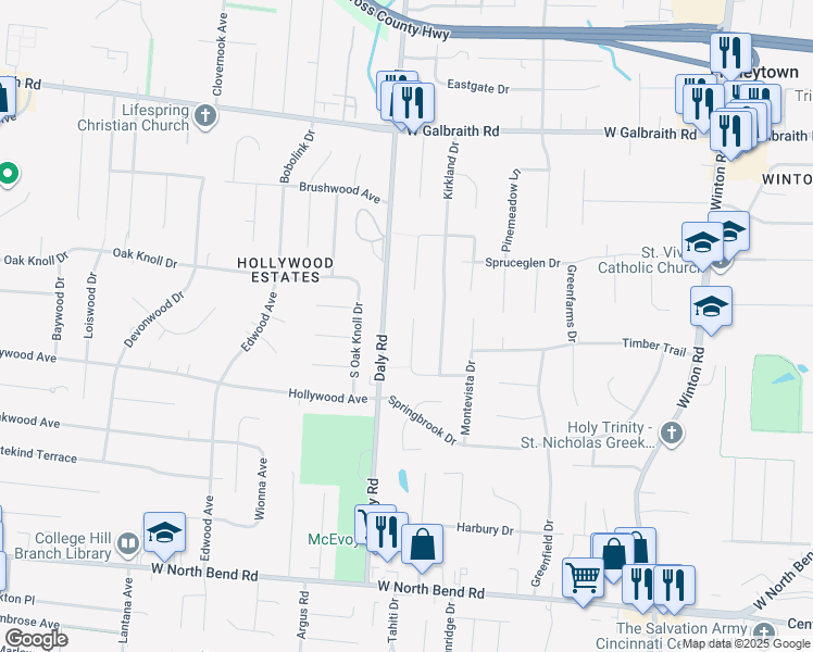 map of restaurants, bars, coffee shops, grocery stores, and more near 1097 Archland Drive in Cincinnati
