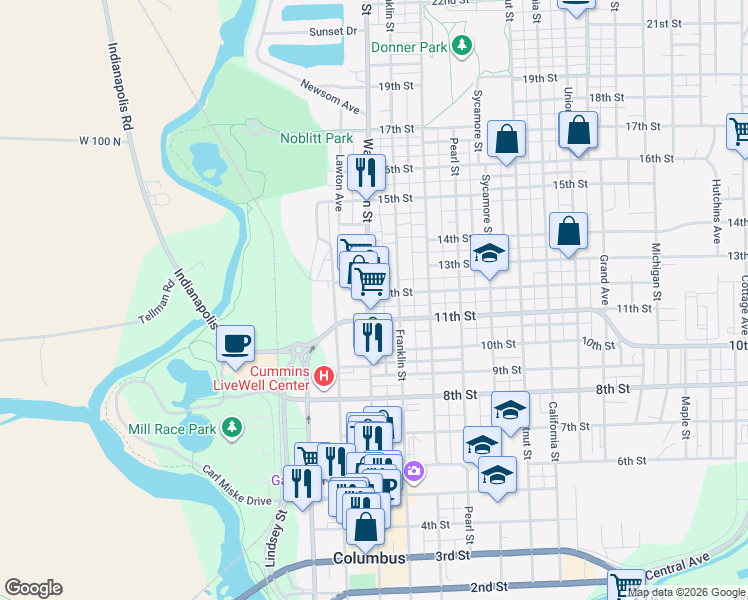 map of restaurants, bars, coffee shops, grocery stores, and more near 1129 Washington Street in Columbus