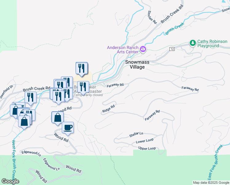 map of restaurants, bars, coffee shops, grocery stores, and more near 131 Twin Ridge Drive in Aspen