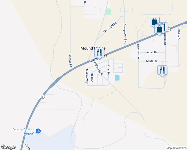 map of restaurants, bars, coffee shops, grocery stores, and more near 412 Traci Lane in Mound House