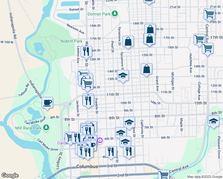 map of restaurants, bars, coffee shops, grocery stores, and more near 1117 Lafayette Avenue in Columbus