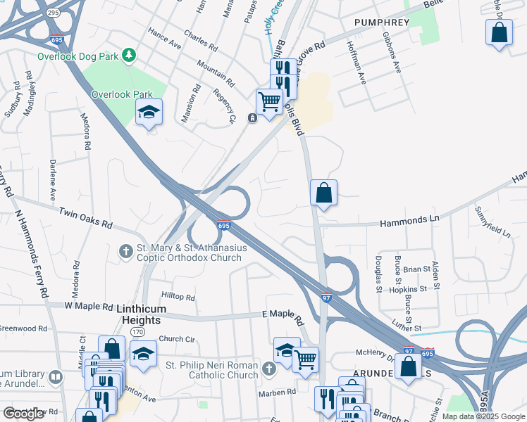 map of restaurants, bars, coffee shops, grocery stores, and more near 420 Hillview Drive in Linthicum Heights