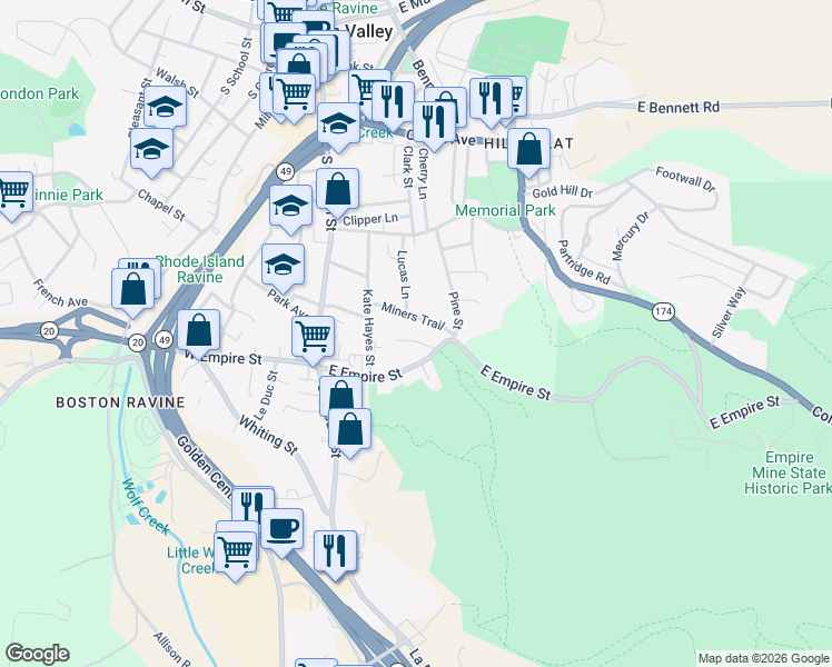 map of restaurants, bars, coffee shops, grocery stores, and more near 318 Empire Court in Grass Valley
