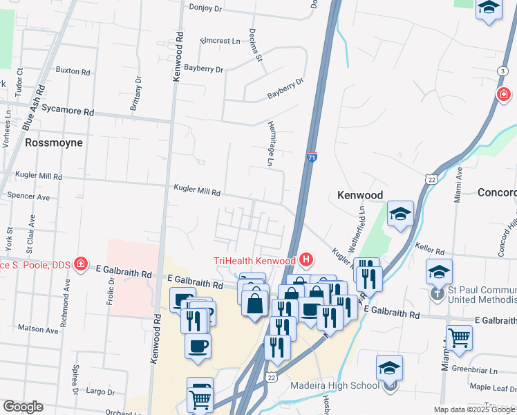 map of restaurants, bars, coffee shops, grocery stores, and more near 5815 Kugler Mill Road in Cincinnati