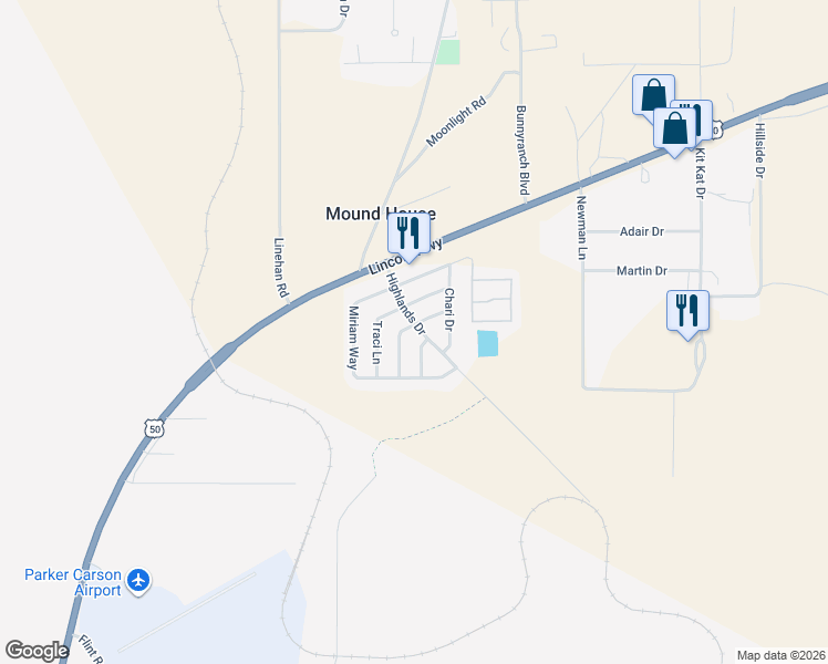 map of restaurants, bars, coffee shops, grocery stores, and more near 600 Jenni Lane in Mound House