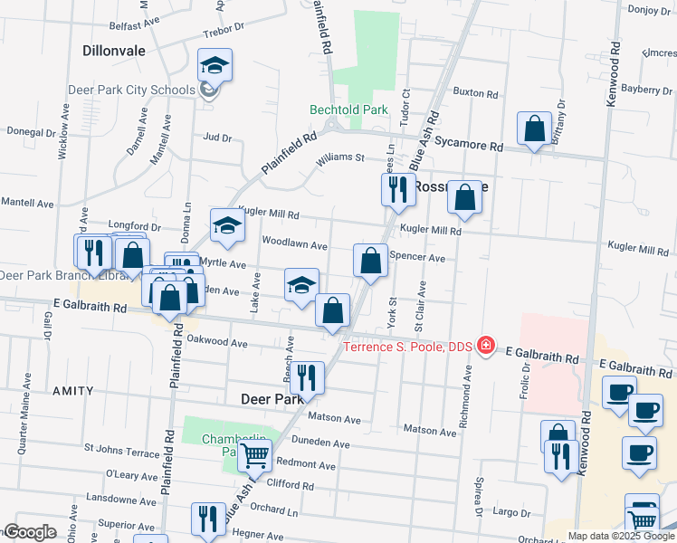 map of restaurants, bars, coffee shops, grocery stores, and more near 4304 Myrtle Avenue in Cincinnati