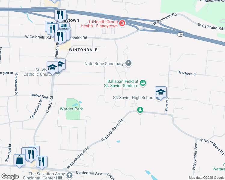 map of restaurants, bars, coffee shops, grocery stores, and more near 717 Castlegate Lane in Cincinnati