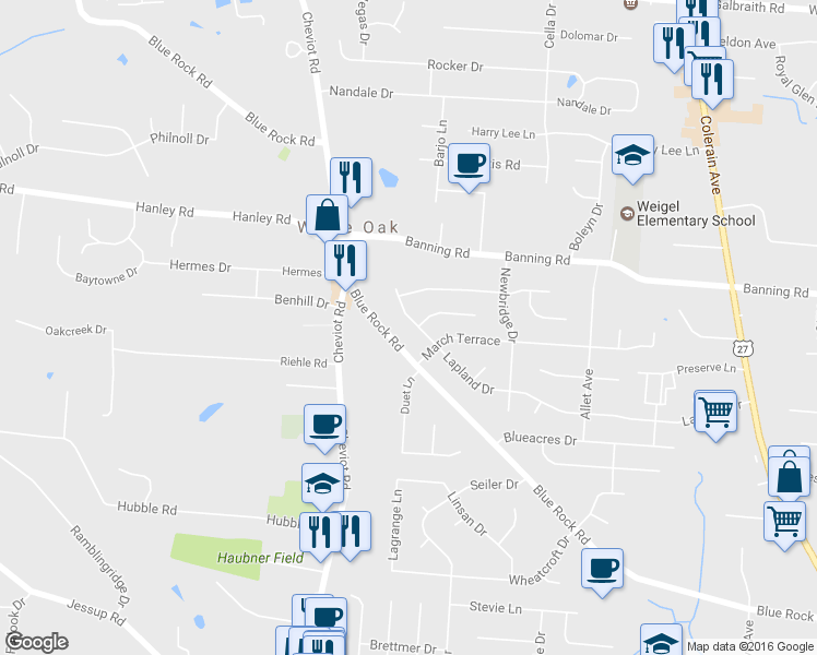 map of restaurants, bars, coffee shops, grocery stores, and more near 3515 Lapland Drive in Cincinnati
