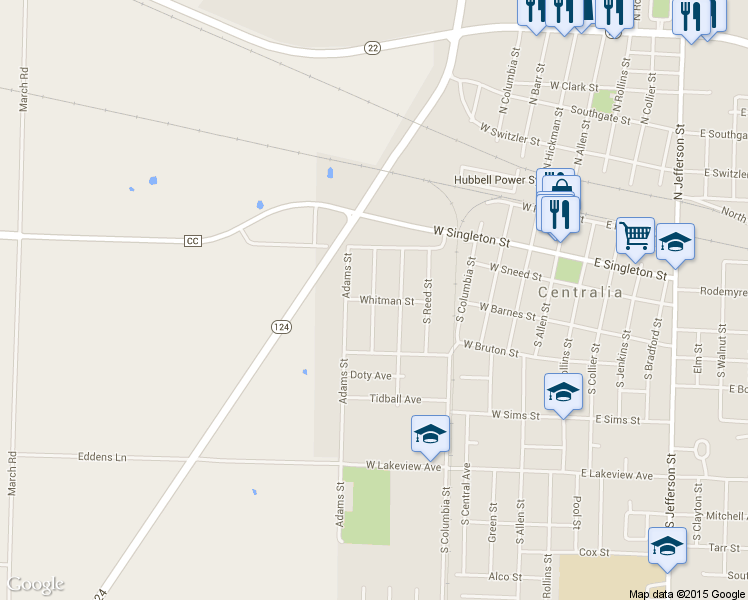 map of restaurants, bars, coffee shops, grocery stores, and more near Whitman St in Centralia