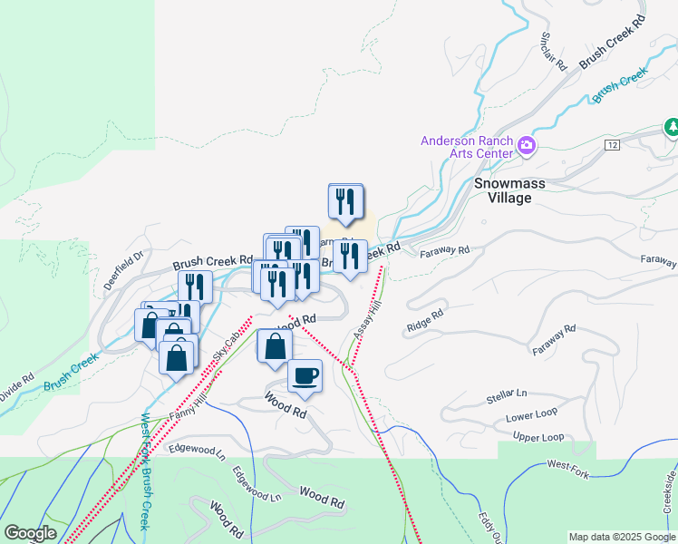 map of restaurants, bars, coffee shops, grocery stores, and more near 4700 Brush Creek Road in Snowmass Village
