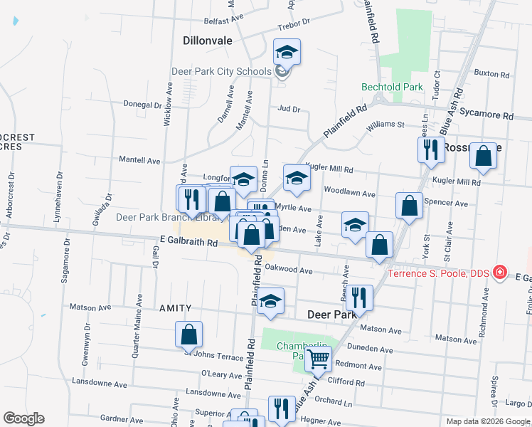 map of restaurants, bars, coffee shops, grocery stores, and more near 8349 Plainfield Road in Cincinnati