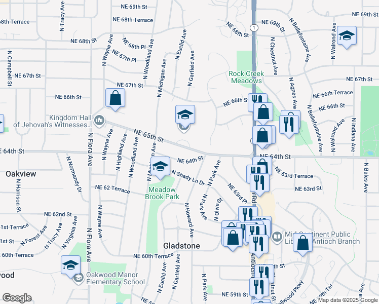 map of restaurants, bars, coffee shops, grocery stores, and more near 2107 Northeast 65th Street in Kansas City