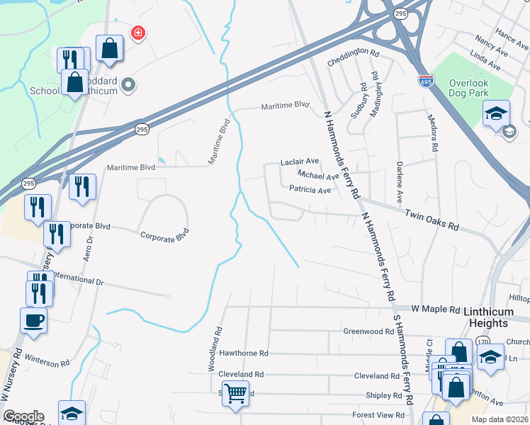 map of restaurants, bars, coffee shops, grocery stores, and more near 390 Centerhill Avenue in Linthicum Heights