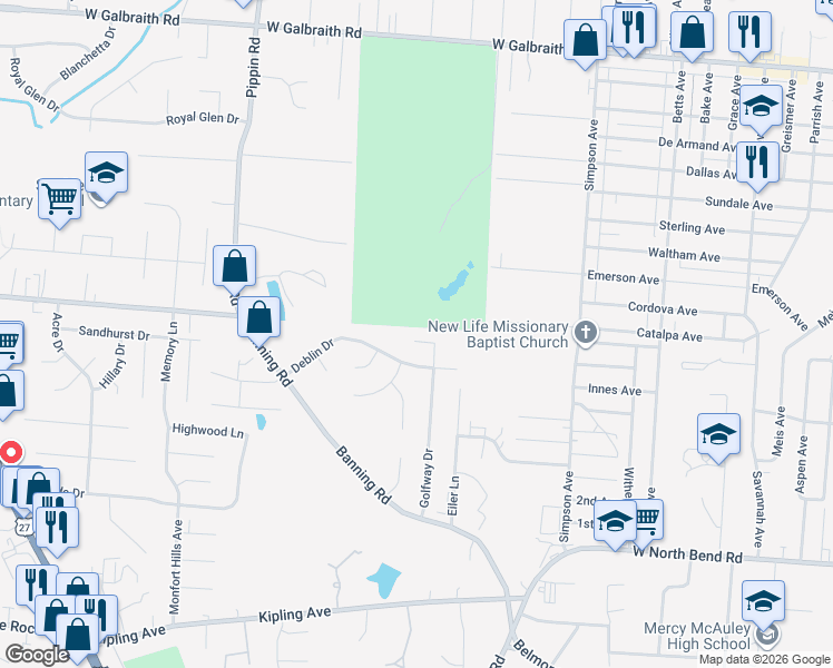 map of restaurants, bars, coffee shops, grocery stores, and more near 7078 Golfway Drive in Cincinnati